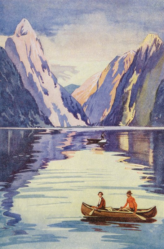 Milford Sound, Nova Zelândia (litografia a cores) de English School