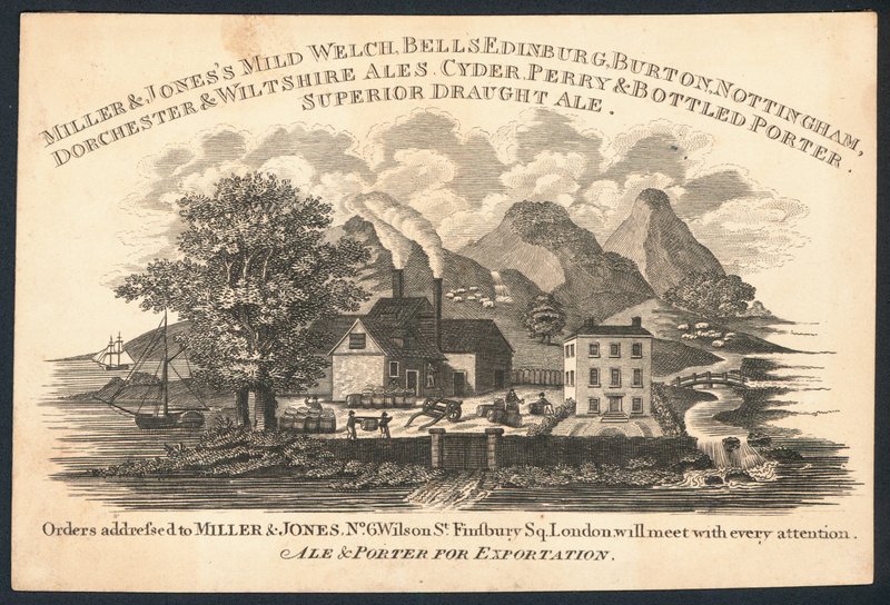 Miller & Jones, fabricante de cerveja e porteiro para exportação, cartão comercial de English School