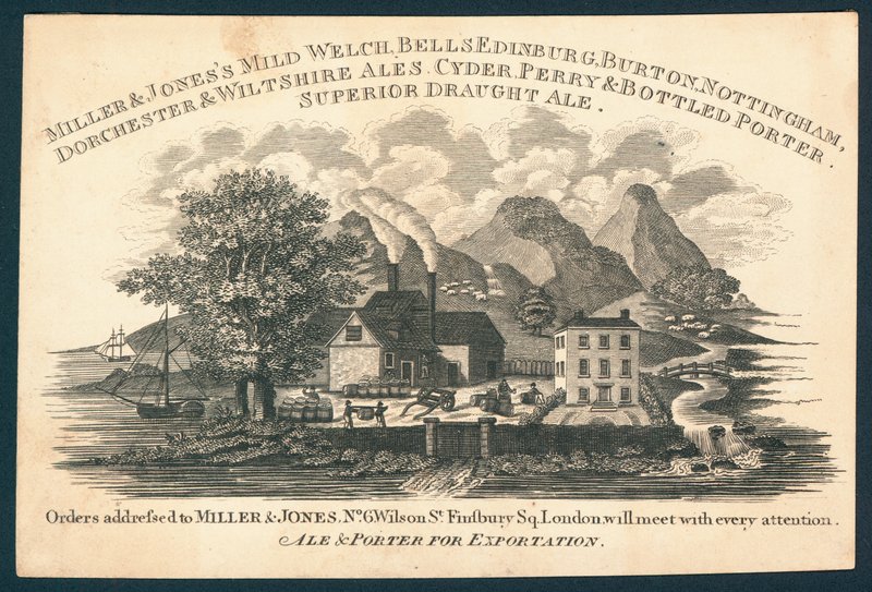 Miller & Jones, fabricante de cerveja e porteiro para exportação, cartão comercial de English School