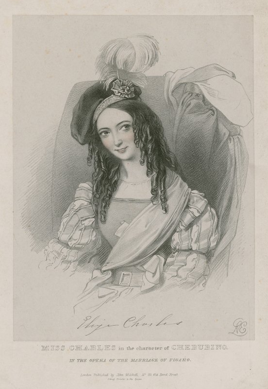 Miss Charles no personagem de Cherubino na ópera do casamento de Figaro de English School
