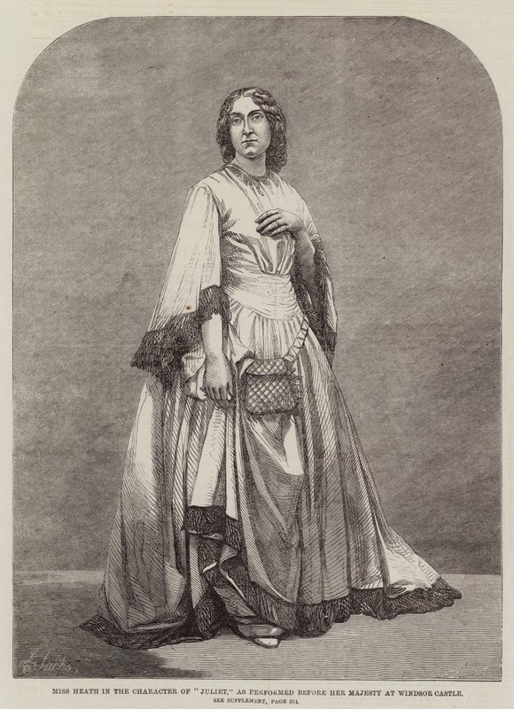Miss Heath na personagem de "Julieta", tal como foi representada perante Sua Majestade no Castelo de Windsor (gravura) de English School