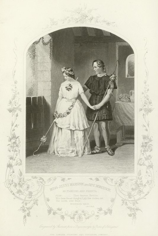 Miss Jenny Marston e Mr F Robinson como Florizel e Perdita, The Winters Tale, Ato IV, cena iii de English School