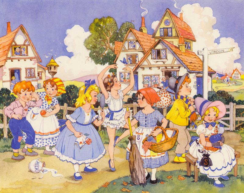 A criança de segunda-feira é bonita de rosto (litografia a cores) de English School