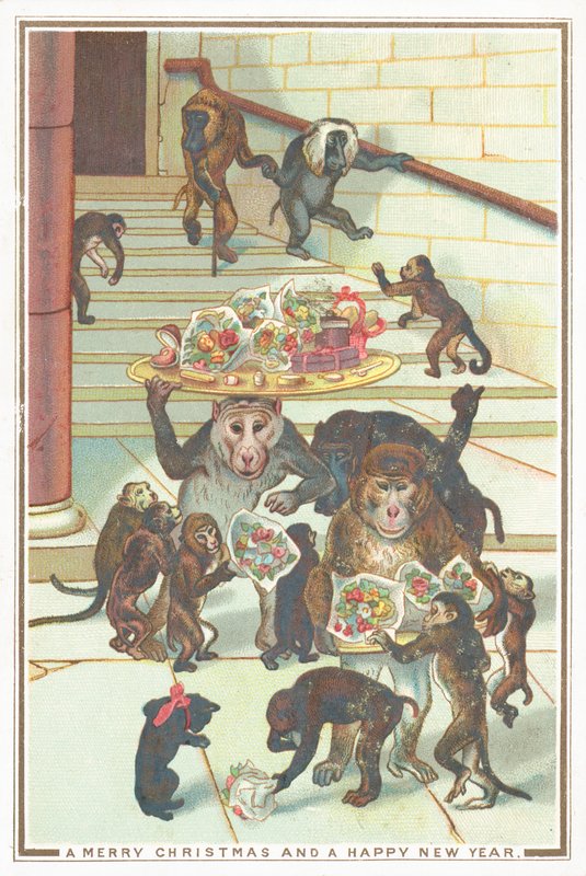 Macacos carregando presentes, cartão de Natal de English School