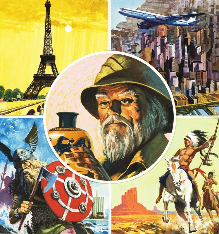 Montagem incluindo Torre Eiffel, avião, guerreiro Viking, índio e arqueólogo de English School