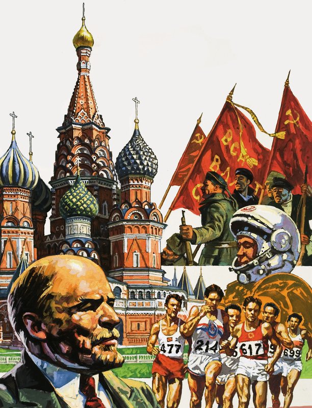 Montagem da Rússia, incluindo a Catedral de São Basílio, o beatificado e retrato de Lênin de English School