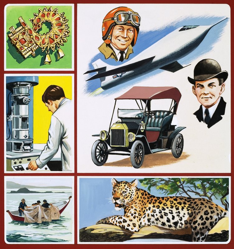 Montagem de imagens, incluindo jewelly, um cientista no microscópio eletrônico, etc. de English School