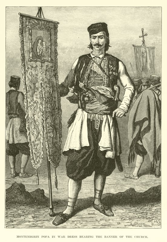 Popa montenegrina em vestido de guerra com a bandeira da Igreja de English School