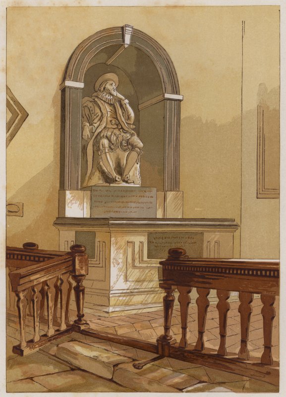 Monumento do Senhor Bacon, na Igreja de São Miguel; perto de São Albanês (cor litho) de English School
