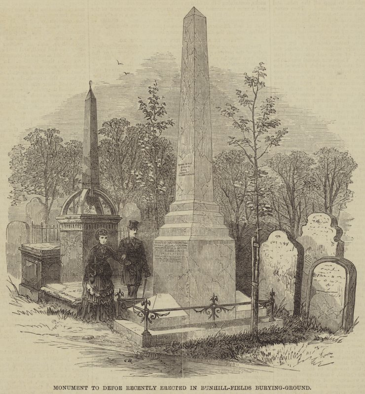 Monumento a Defoe recentemente erguido em Bunhill-Field Burying-Ground (gravura) de English School