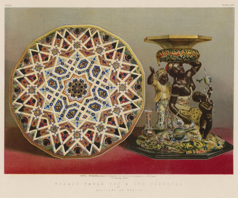 Tampo de mesa de mosaico e seu pedestal por Salviati de Veneza de English School