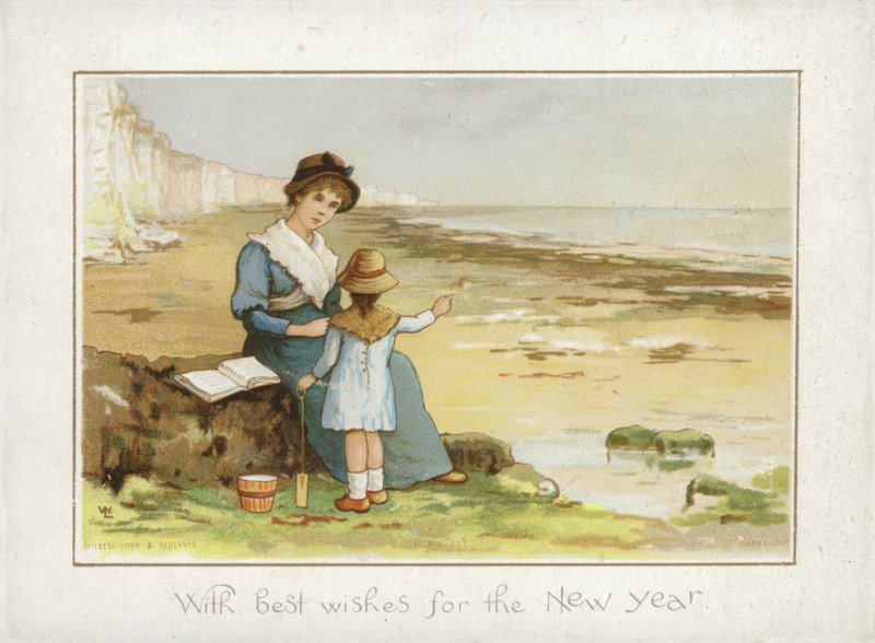 Mãe e filho na praia - cartão de ano novo de English School