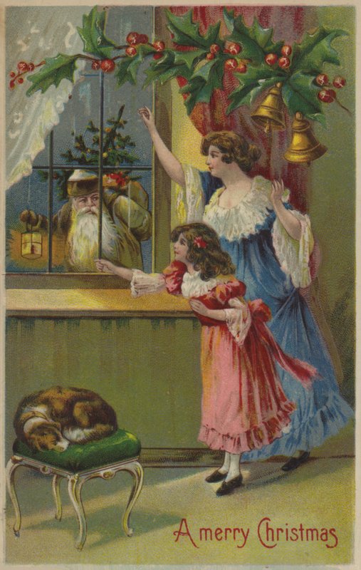 Mãe e filha, acenando para o Papai Noel (chromolitho) de English School