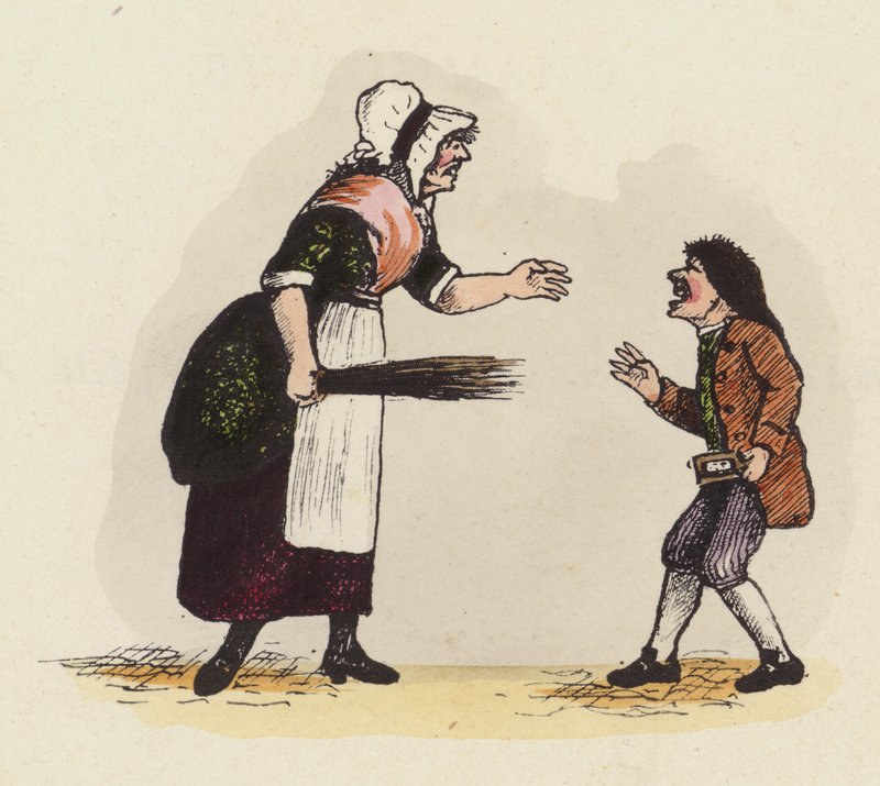Mãe, ou dama de escola, disciplinando um menino segurando um livro de chifres (gravura colorida) de English School