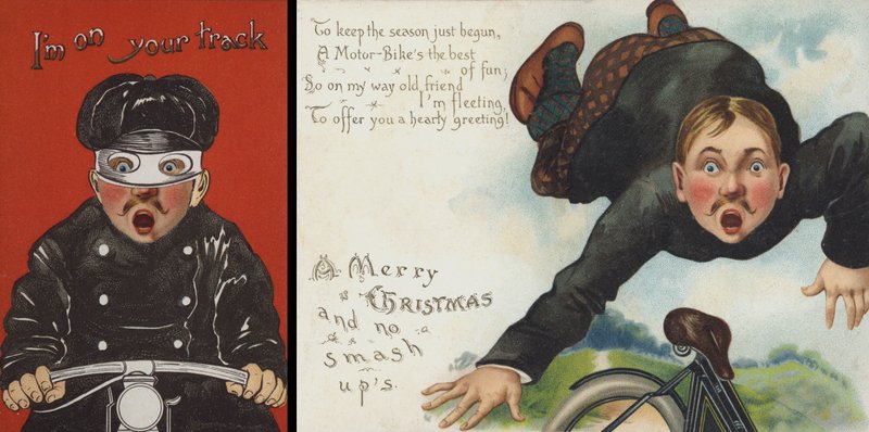 Cartão de Natal temático de motociclismo (chromolitho) de English School