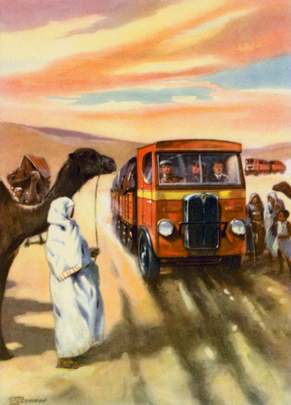 Atravessar o deserto de automóvel (litografia a cores) de English School