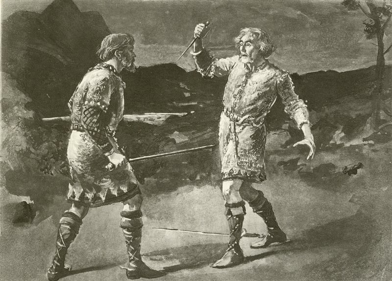 Sr. Alexander como Macduff e Sr. Irving como Macbeth (gravura) de English School