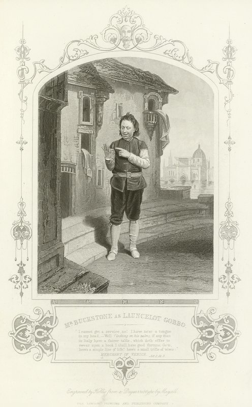 O Sr. Buckstone como Lancelot Gobbo, O Mercador de Veneza de English School