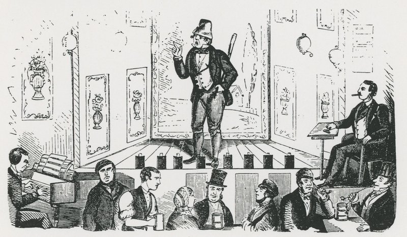 Mr George, o cantor irlandês, aparecendo no Borough Music Hall, na Union Street, Southwark de English School