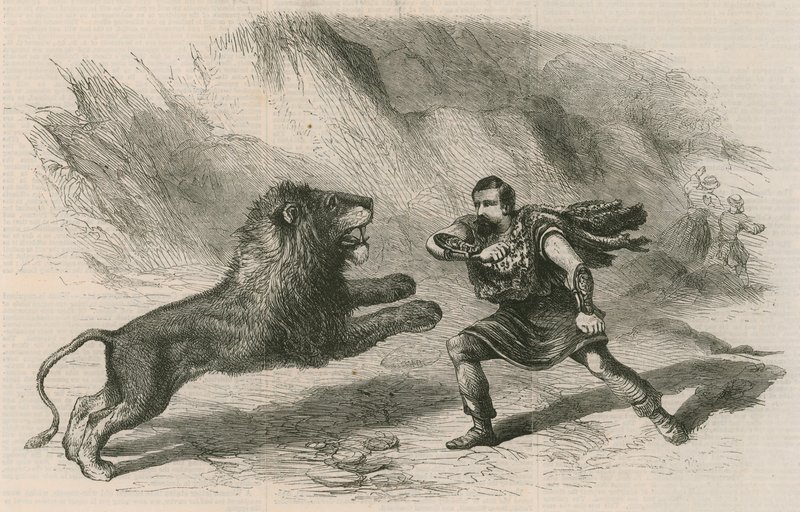 Sr. Crockett, o domador de leões, se apresentando com seus leões no Astleys Theatre, em Londres de English School
