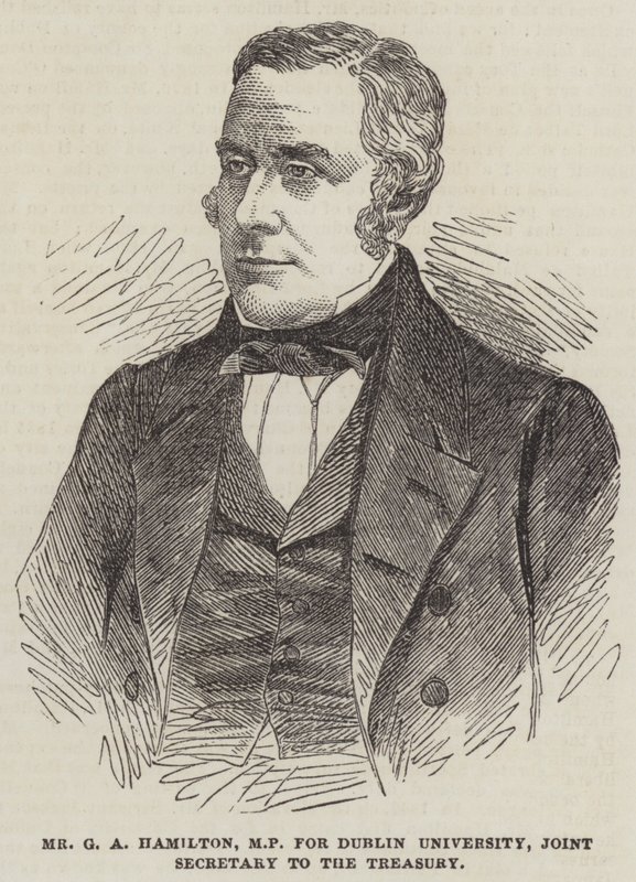Sr. G A Hamilton, Deputado da Universidade de Dublin, Secretário Adjunto do Tesouro (gravura) de English School