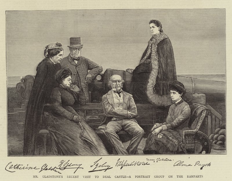 Visita Recente do Sr. Gladstone ao Castelo Deal, um Grupo de Retratos sobre as Muralhas (gravura) de English School