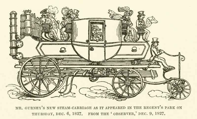 O novo carro a vapor do Sr. Gurney, tal como apareceu no Parque do Regente na quinta-feira, 6 de Dezembro de 1827, do Observador, 9 de Dezembro de 1827 (gravura) de English School