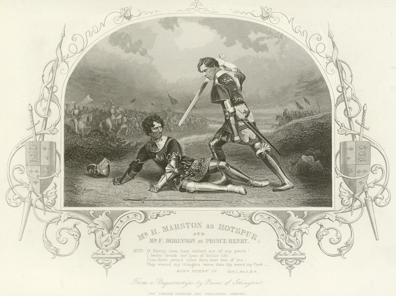 Sr. H Marston como Hotspur e Sr. F Robinson como o príncipe Henry, rei Henrique IV, parte I de English School