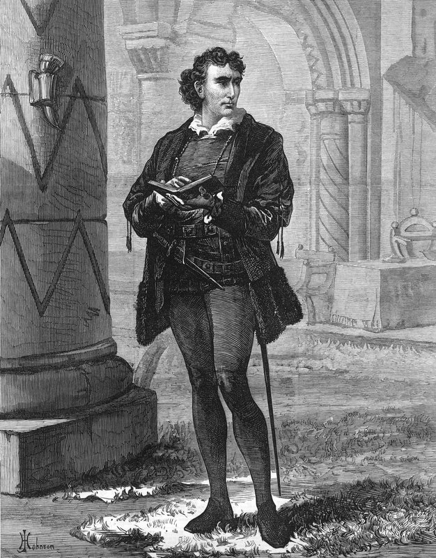 Sr. Henry Irving como Hamlet no Lyceum Theatre de English School