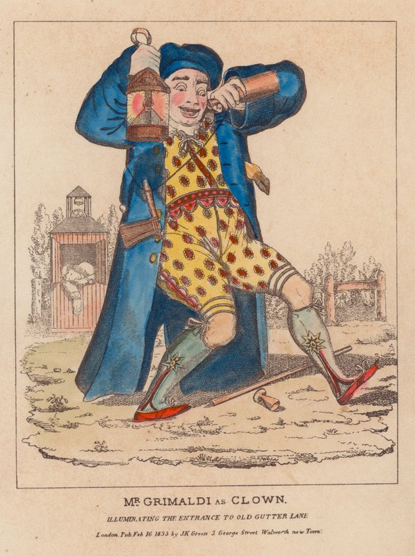 Sr. Joseph Grimaldi como Clown, iluminando a entrada para Old Gutter Lane de English School