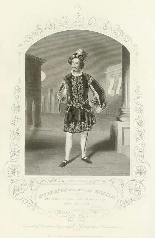 Sr. P Richings (da Filadélfia) como Mercutio, Romeu e Julieta, Ato I, Cena IV de English School