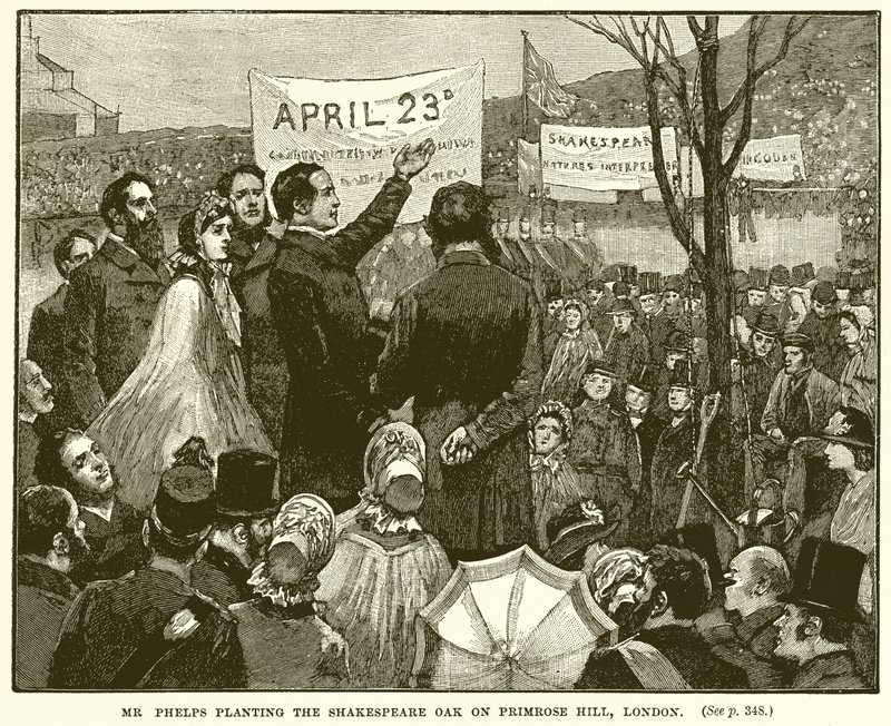 Sr. Phelps plantando o carvalho de Shakespeare em Primrose Hill, Londres de English School
