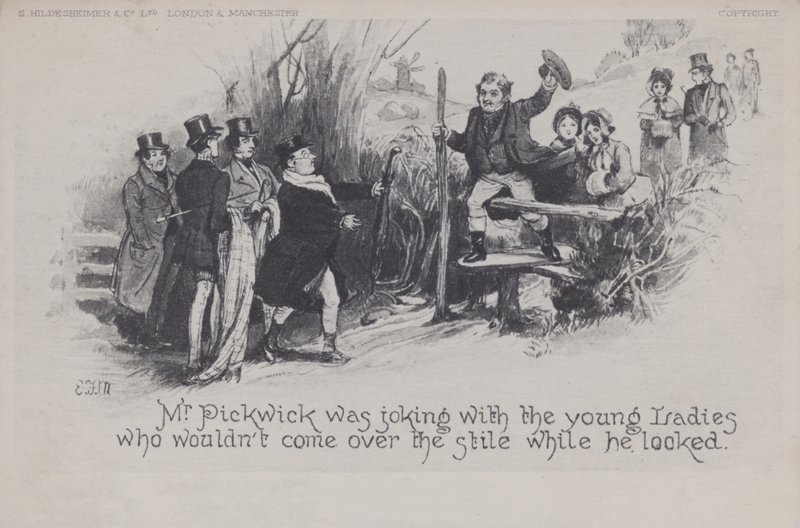 Sr. Pickwick brincando com as jovens senhoras (foto p/b) de English School