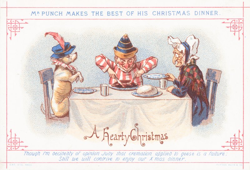 Mr Punch sentando-se para o jantar de Natal, cartão de Natal de English School