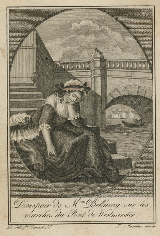 Sra. Bellamy em desespero nos degraus da ponte de Westminster de English School