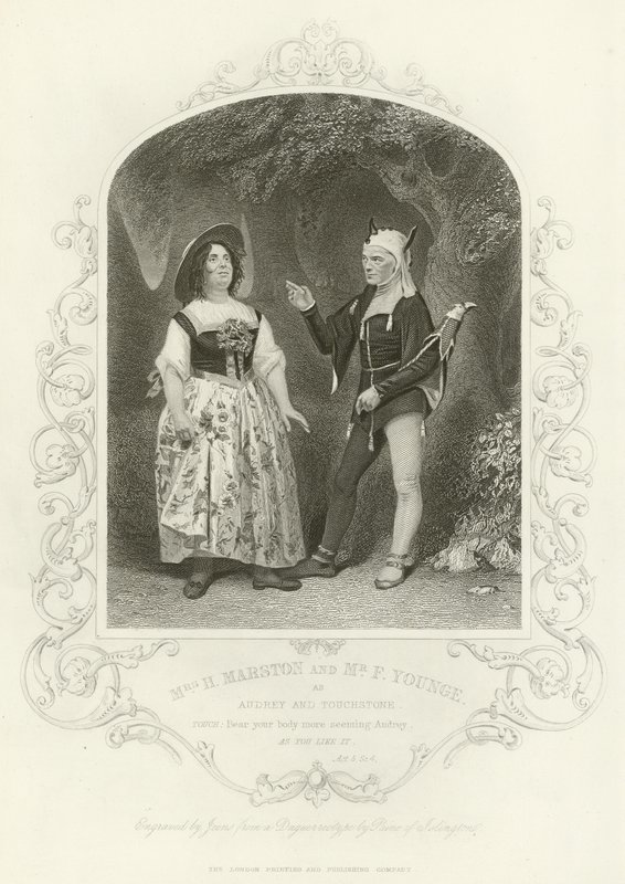Sra. H Marston e F Younge como Audrey e Touchstone, como você gosta, Act V, cena iv de English School
