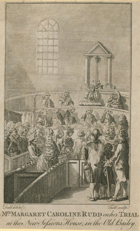 Sra. Margaret Caroline Rudd em seu julgamento na nova Sessions House em Old Bailey de English School