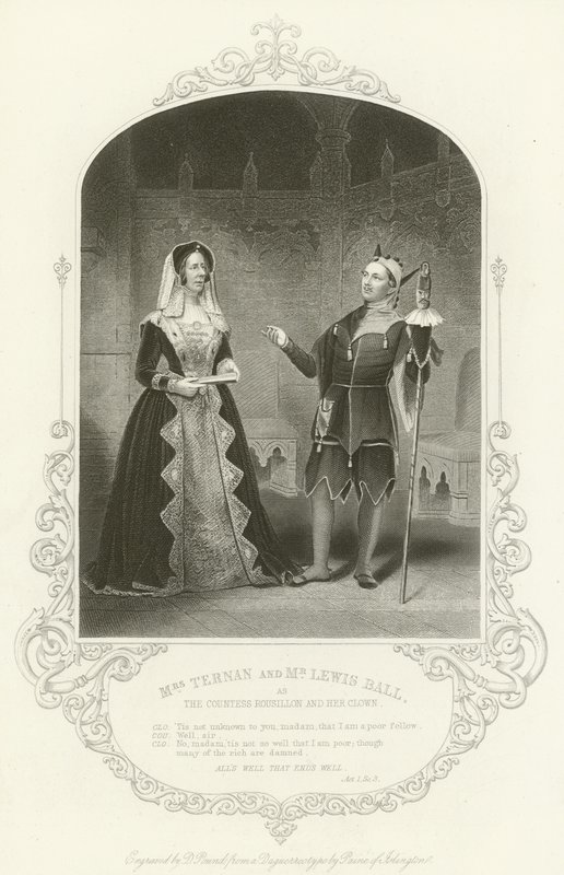 Sra. Ternan e Sr. Lewis Ball como a Condessa Rousillon e seu palhaço, Alls Bem Que Termina Bem, Ato I, cena iii de English School