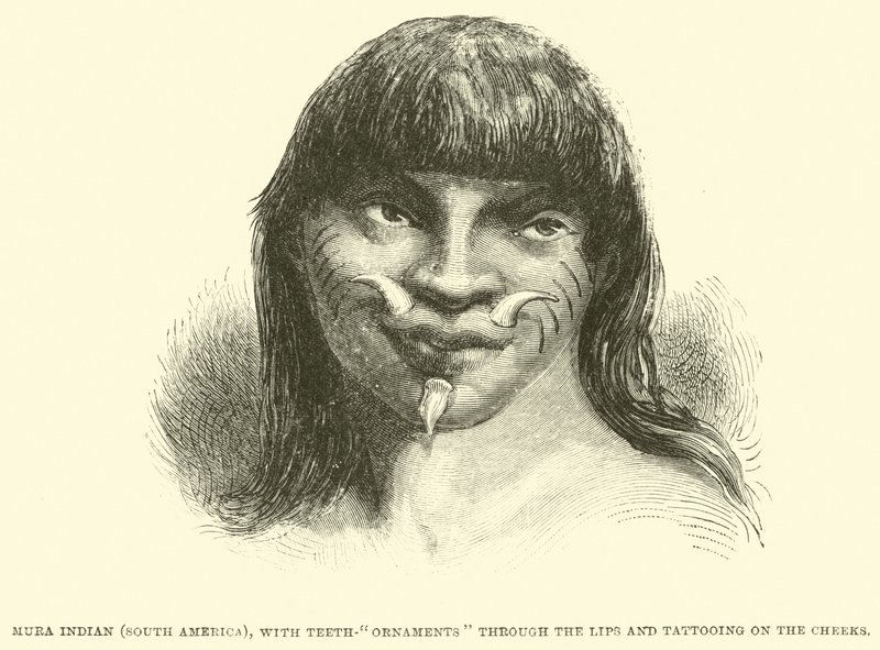 Mura Indian (América do Sul), com enfeites nos lábios e tatuagens nas bochechas de English School