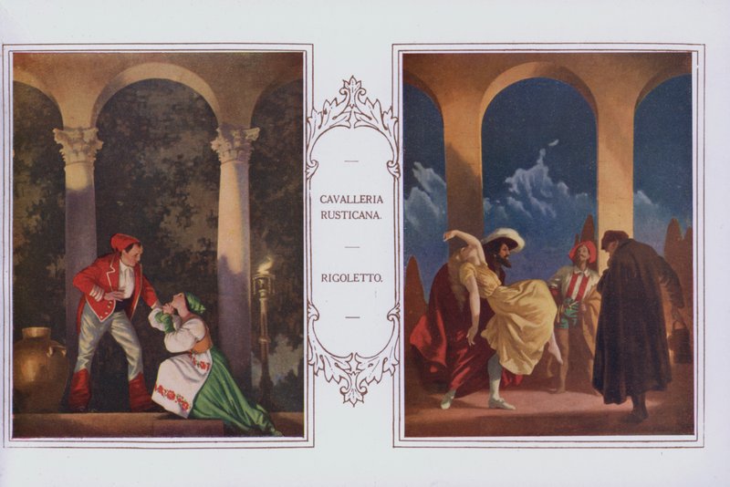 Murais no restaurante Peter Robinson: Cavalleria Rusticana, Rigoletto (cor litho) de English School