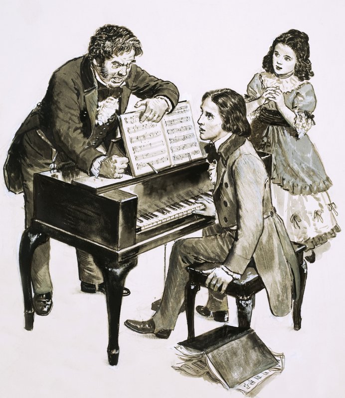 O professor de música Friedrich Wieck grita com Robert Schumann enquanto sua filha, Clara Wieck, assiste de English School