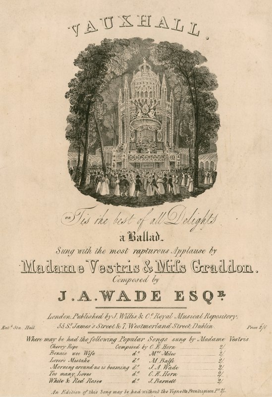 Partitura musical: Tis the Best of All Delights, cantada por Madame Vestris e Miss Graddon, composta por JA Wade de English School