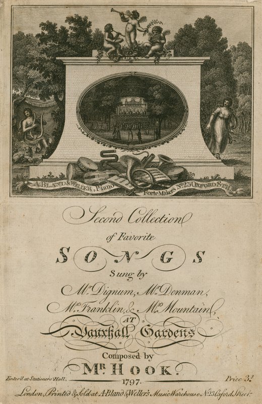 Partitura musical que coleciona canções favoritas cantadas em Vauxhall Gardens, Londres, composta pelo Sr. Hook de English School