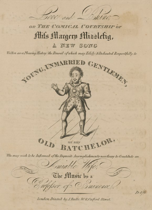Partitura musical para Love and Rhino, ou The Comical Courtship of Miss Margery Mizzlefig de English School