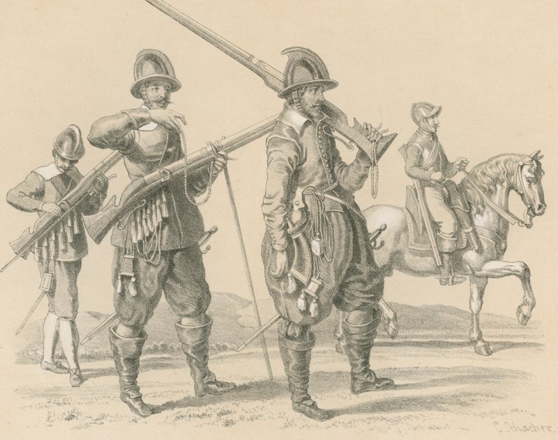 Mosqueteiros ou fuzileiros e cavalaria, cerca de 1650 de English School