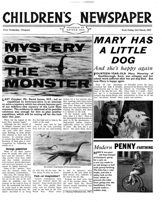 Mistério do Monstro, primeira página do &39;The Children&39;s Newspaper&39;, março de 1963 (papel de jornal) de English School