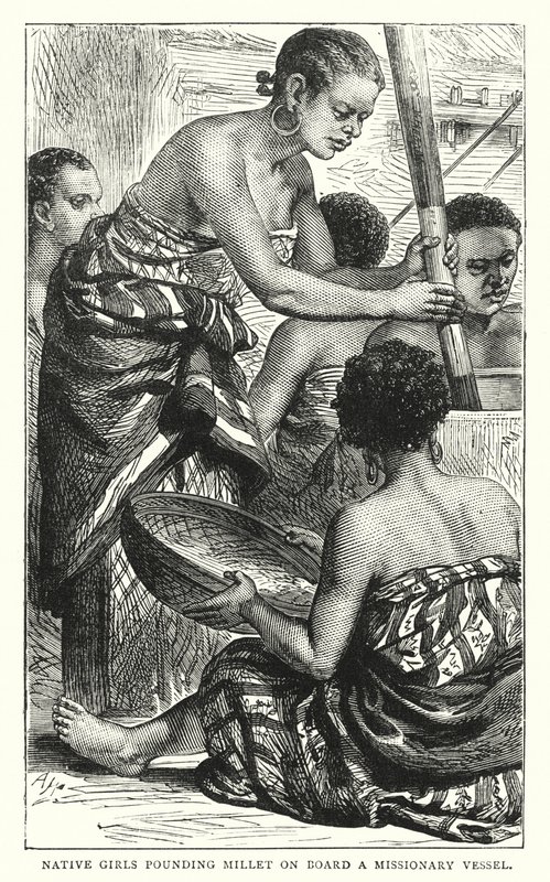 Native Girls pounding Millet a bordo de um Vaso Missionário (gravação colorida) de English School