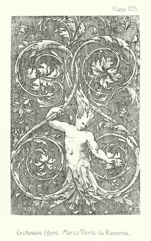 Natureza em ornamento: figura grotesca, Marco Dente da Ravenna (litografia) de English School