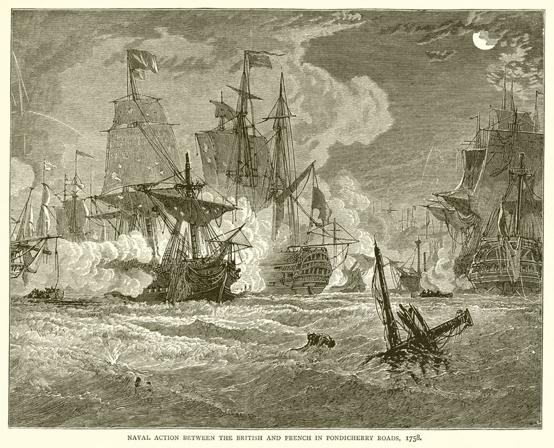 Ação naval entre britânicos e franceses em Pondicherry Roads, 1758 de English School