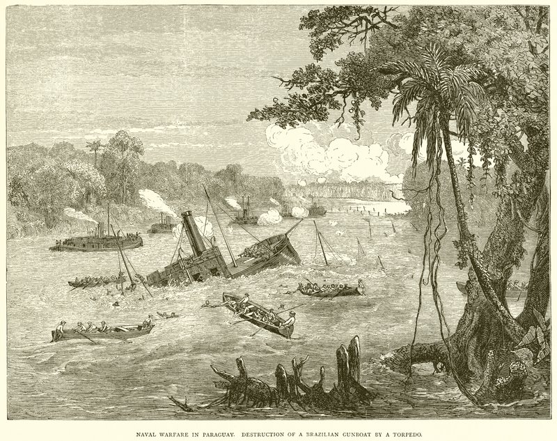 Guerra naval no Paraguai. Destruição de uma canhoneira brasileira por um torpedo de English School